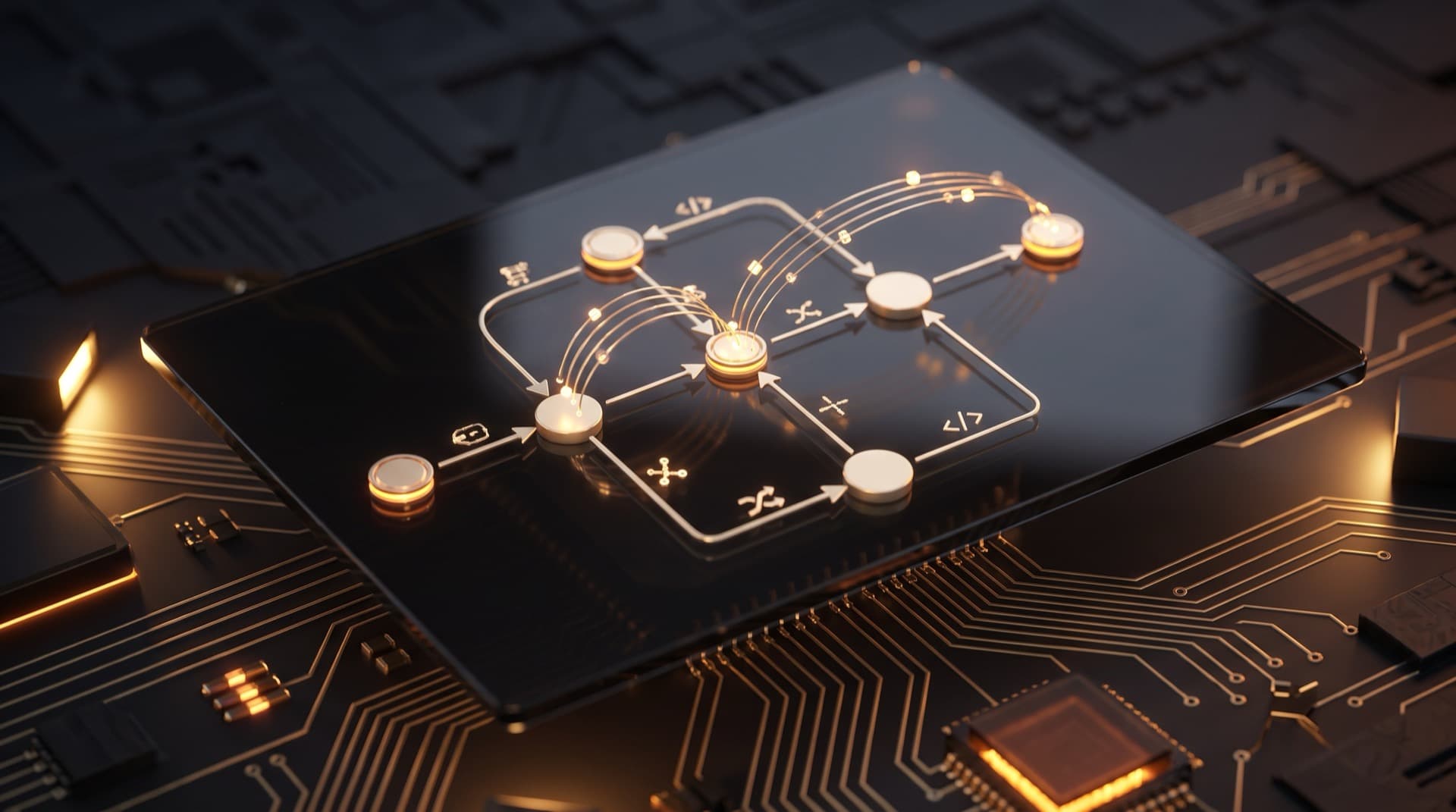 Glowing gold workflow automation pipeline on a circuit board