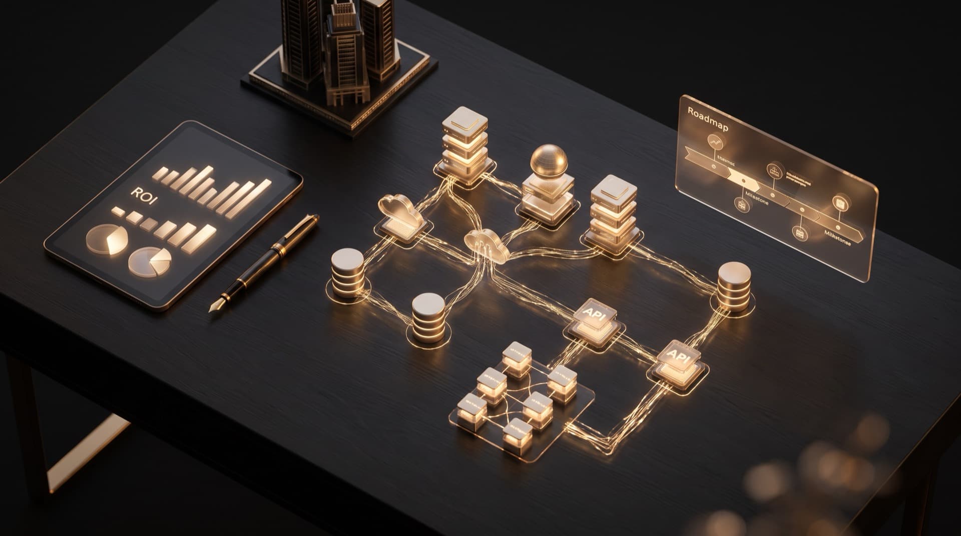Holographic system architecture diagram with servers, databases and APIs